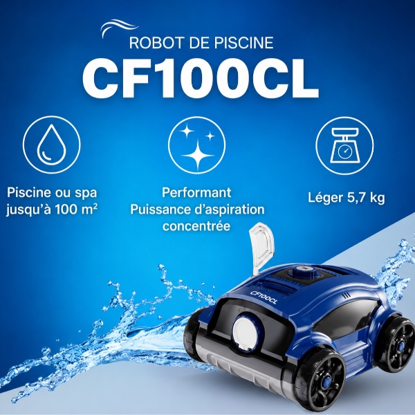 Robot piscine sans fil Aqualux CF100CL : batterie lithium et nettoyage fond 80 m²